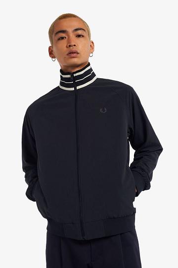 Navy Fred Perry Striped Collar Track Men's Jackets | PH 1252SGLO